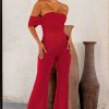 Clothing * | Red Carpet | Red Bardot Ruched Draped Jumpsuit Club L London Hot Sell