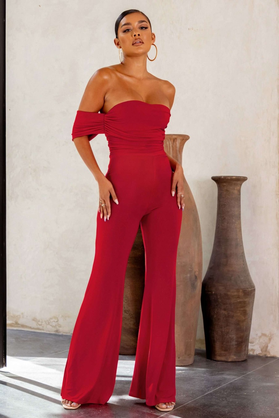 Clothing * | Red Carpet | Red Bardot Ruched Draped Jumpsuit Club L London Hot Sell