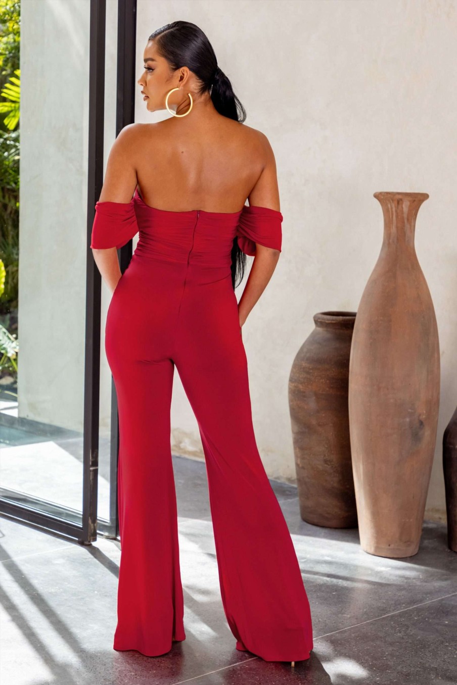 Clothing * | Red Carpet | Red Bardot Ruched Draped Jumpsuit Club L London Hot Sell