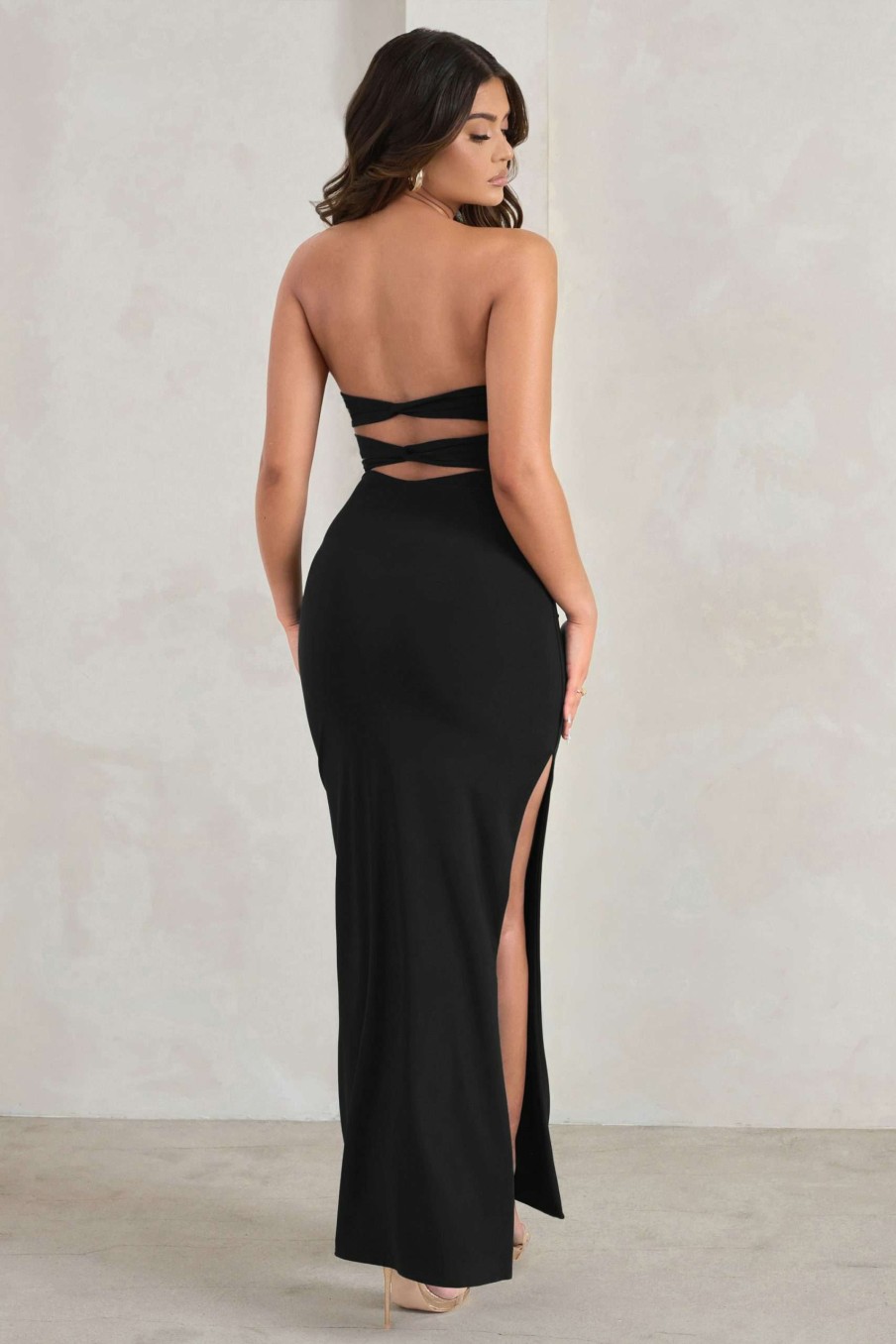 Dresses * | Manon | Black Sweetheart Bandeau Maxi Dress With Thigh Split Club L London Outlet