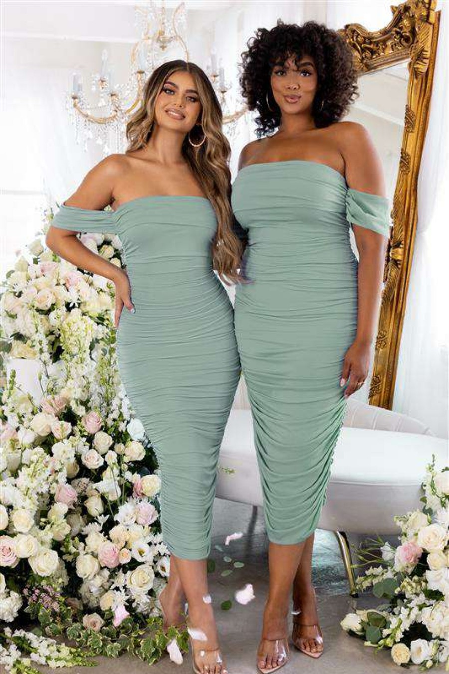 Dresses * | Lost For Words | Sage Bardot Ruched Draped Midi Dress Club L London Cheap