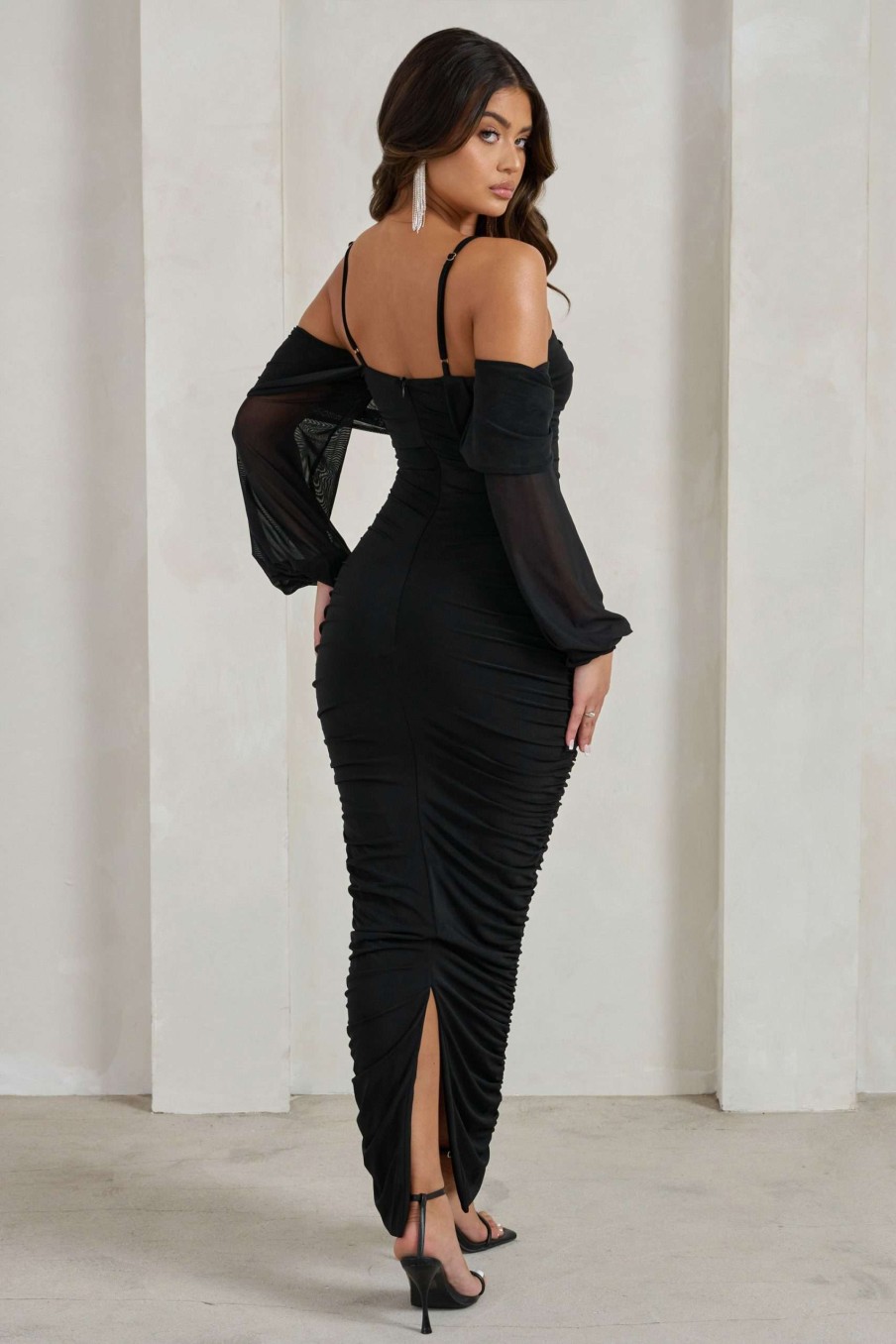 Dresses * | Announcement | Black Bardot Mesh Ruched Maxi Dress Club L London Latest Fashion