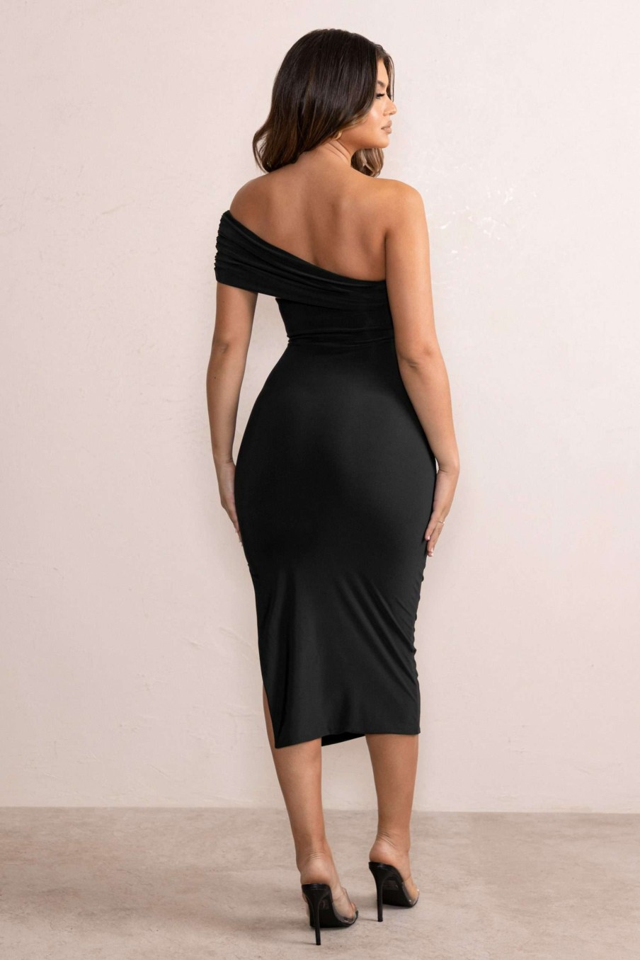 Dresses * | Odelia | Black One Shoulder Bardot Ruched Midi Dress Club L London Hot Selling