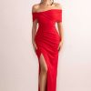 Dresses * | Eva | Red Bardot Bow Detail Maxi Dress With Thigh Split Club L London Classical