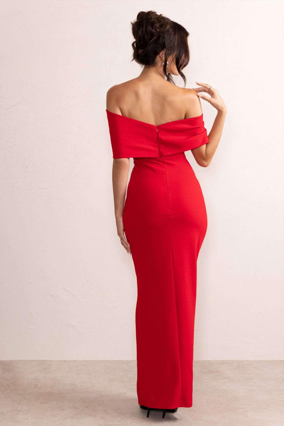 Dresses * | Eva | Red Bardot Bow Detail Maxi Dress With Thigh Split Club L London Classical