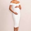 Maternity * | Perfection | White Maternity Bardot Knot Ruched Midi Dress Club L London Quick Delivery