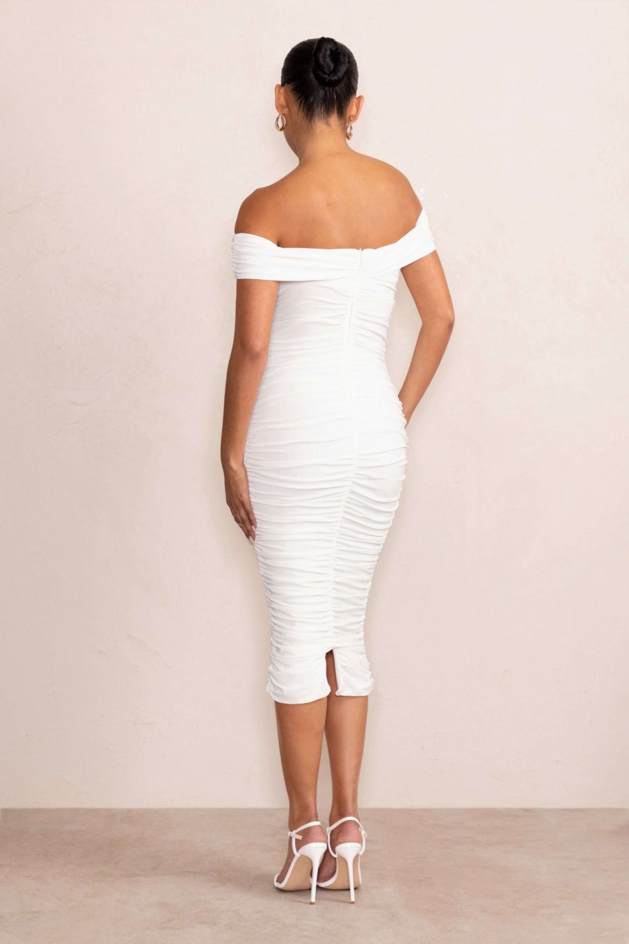 Maternity * | Perfection | White Maternity Bardot Knot Ruched Midi Dress Club L London Quick Delivery