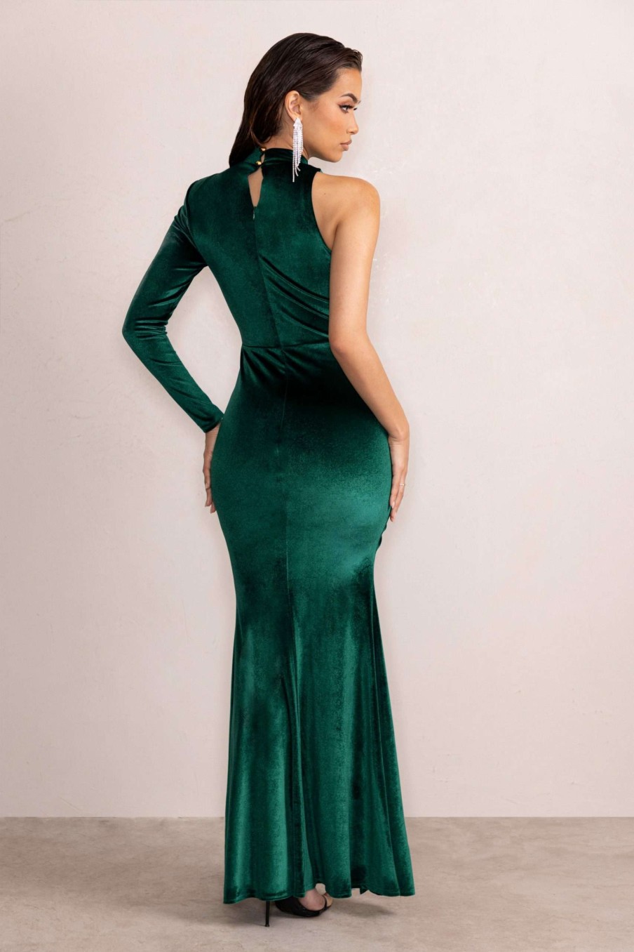 Dresses * | Juliana | Bottle Green Velvet High Neck One Shoulder Maxi Dress Club L London Special