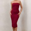 Clothing * | My Girl | Burgundy Bandeau Bodycon Ruched Mesh Midi Dress Club L London Special