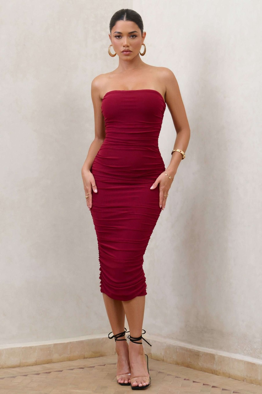 Clothing * | My Girl | Burgundy Bandeau Bodycon Ruched Mesh Midi Dress Club L London Special