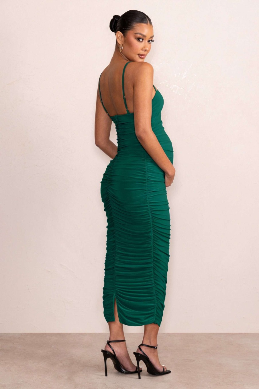 Maternity * | Sentimental | Bottle Green Maternity Midi Dress With Cami Straps And Ruching Club L London Bargain Sale