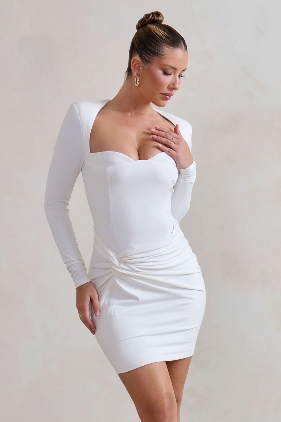 Dresses * | Corelle | White Long Sleeve Sweet Heart Twist Detail Mini Dress Club L London Shop