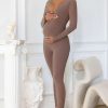 Maternity * | My World | Mocha Maternity V Neck Long Sleeve Jumpsuit Club L London 100% Guarantee