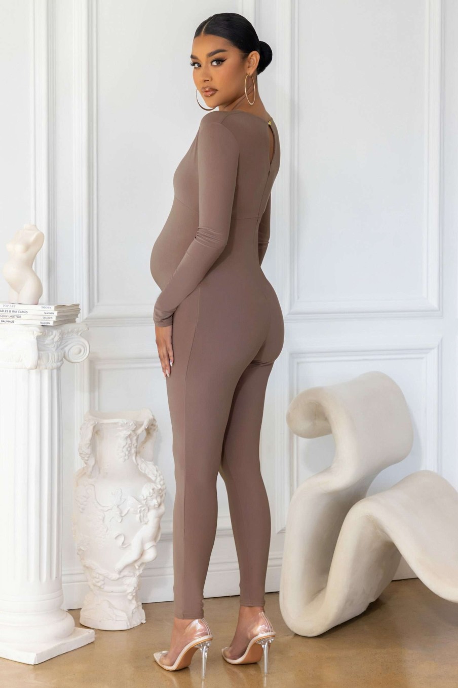 Maternity * | My World | Mocha Maternity V Neck Long Sleeve Jumpsuit Club L London 100% Guarantee