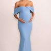 Maternity * | Asha | Powder Blue Draped Sleeve Bardot Maternity Maxi Dress Club L London Top Sellers