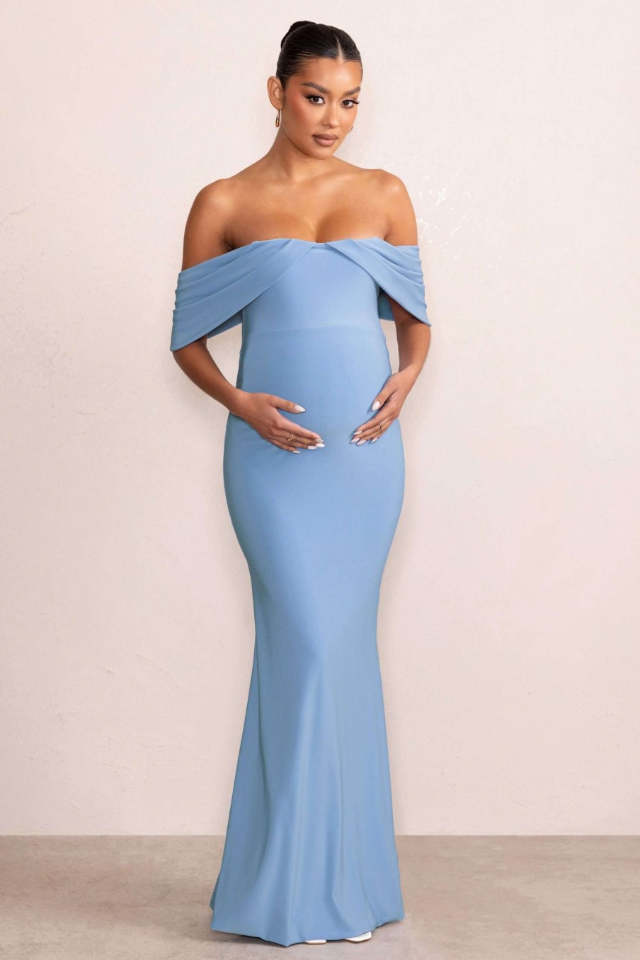 Maternity * | Asha | Powder Blue Draped Sleeve Bardot Maternity Maxi Dress Club L London Top Sellers