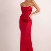 Dresses * | Sensual Notes | Red Satin Strapless Corset Thigh Split Fishtail Maxi Dress Club L London Cheaper