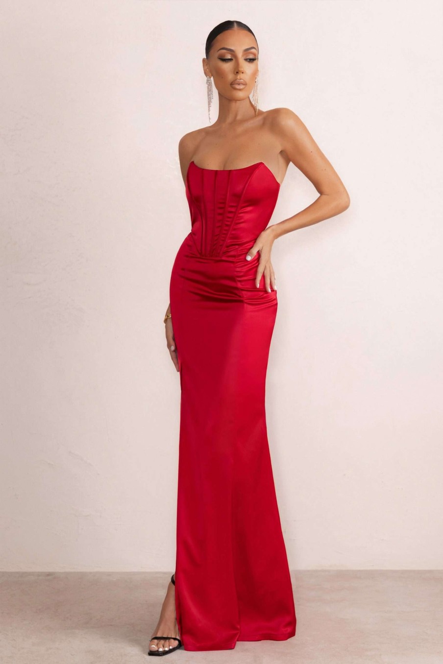 Dresses * | Sensual Notes | Red Satin Strapless Corset Thigh Split Fishtail Maxi Dress Club L London Cheaper