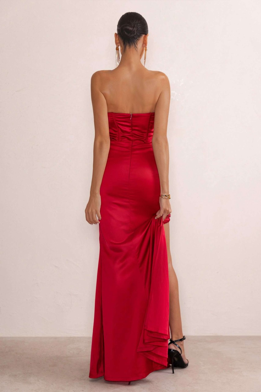 Dresses * | Sensual Notes | Red Satin Strapless Corset Thigh Split Fishtail Maxi Dress Club L London Cheaper