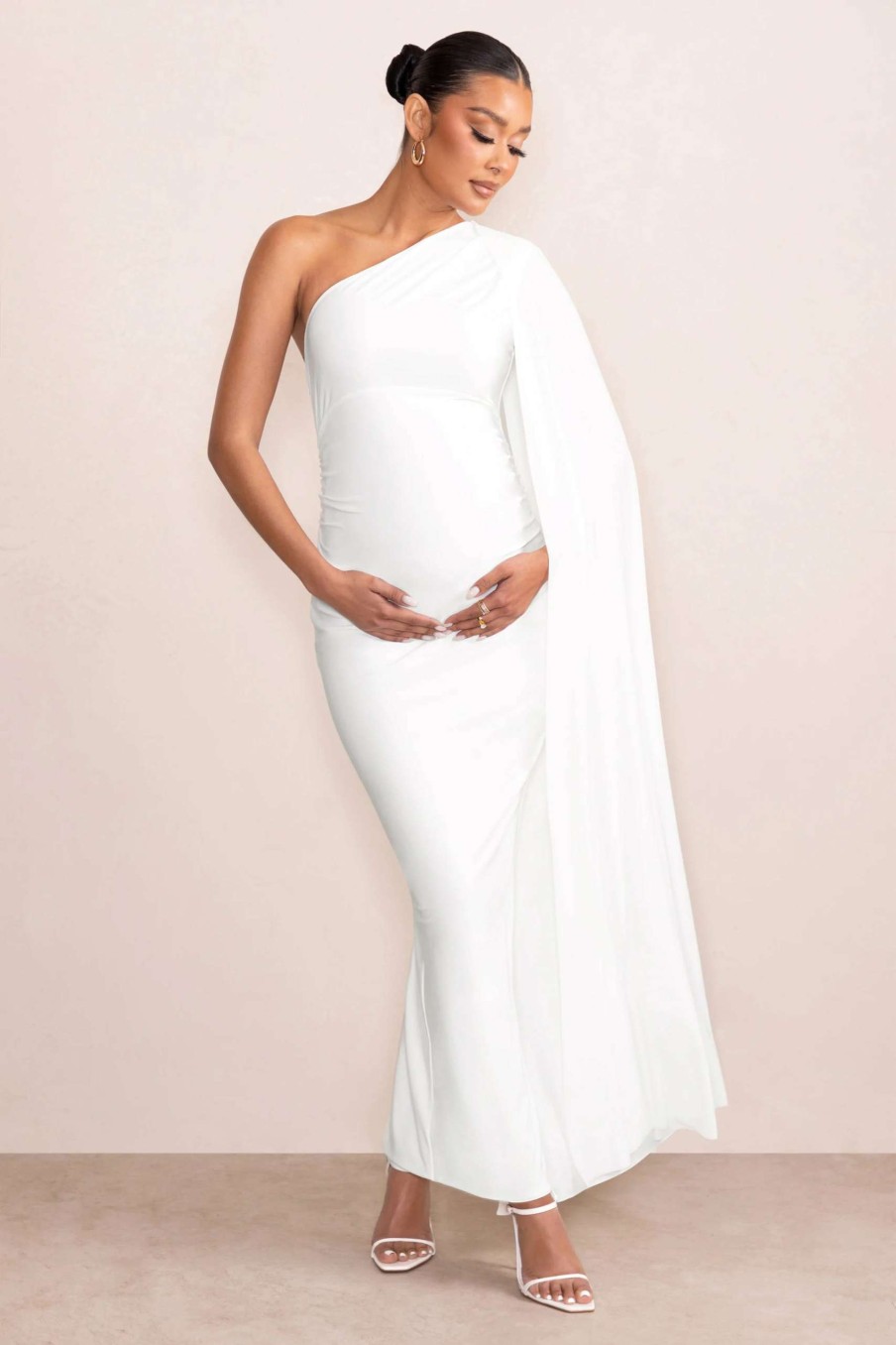 Maternity * | Amaryllis | White Maternity One Shoulder Maxi Dress With Cape Sleeve Club L London Good Quality