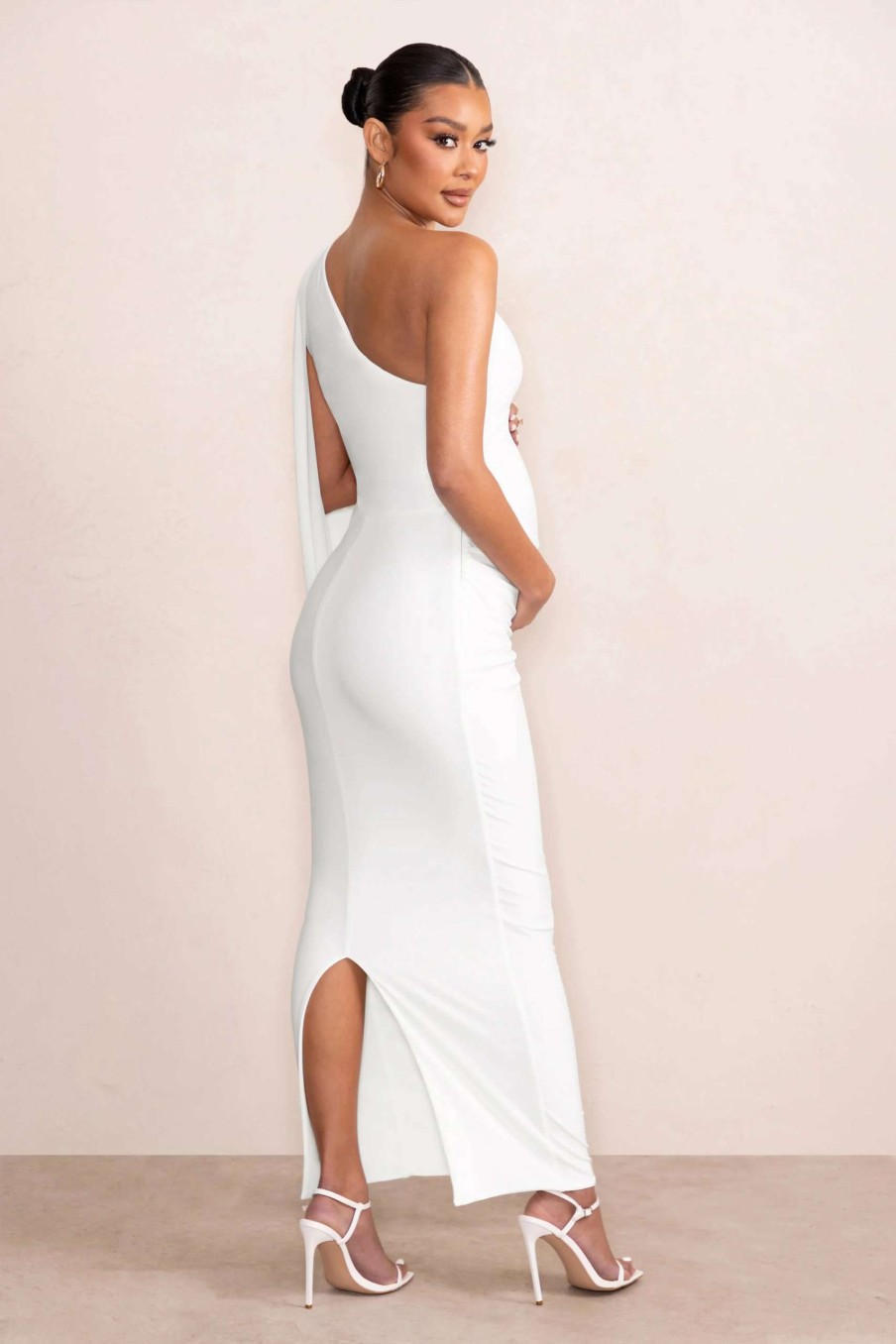 Maternity * | Amaryllis | White Maternity One Shoulder Maxi Dress With Cape Sleeve Club L London Good Quality