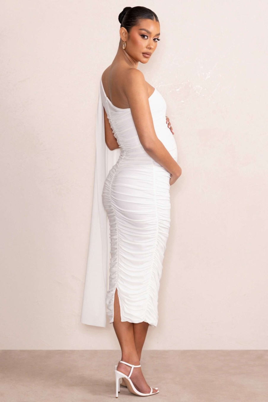 Maternity * | Yara | White One Sleeve Ruched Maternity Midi Dress With Cape Sleeve Club L London Outlet