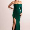 Dresses * | Meghan | Bottle Green Bardot Neck Thigh Split Fishtail Maxi Dress Club L London Lower Prices