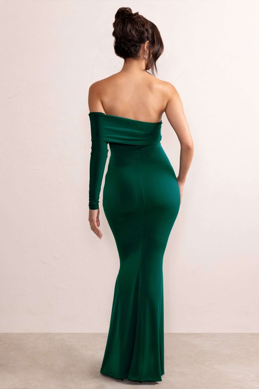 Dresses * | Meghan | Bottle Green Bardot Neck Thigh Split Fishtail Maxi Dress Club L London Lower Prices