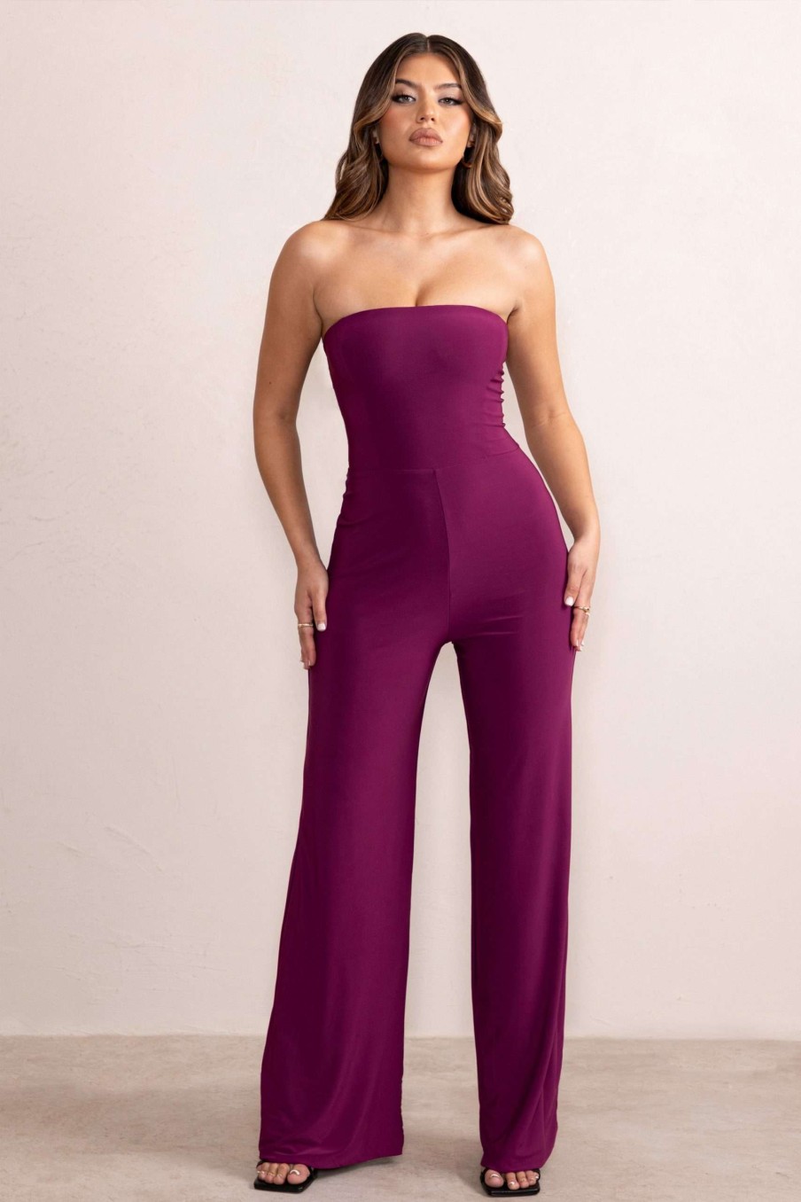 Clothing * | Darya | Wine Bandeau Wide Leg Jumpsuit Club L London Wholesale