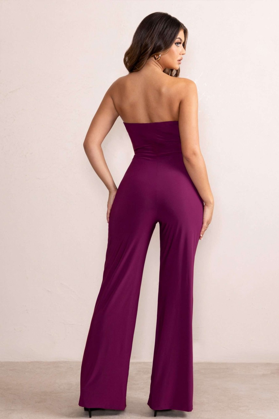 Clothing * | Darya | Wine Bandeau Wide Leg Jumpsuit Club L London Wholesale