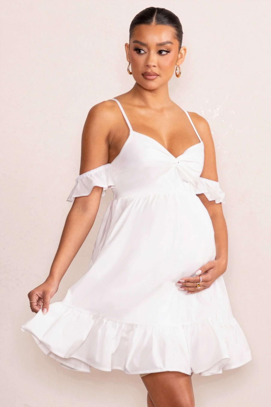 Maternity * | Kai | White Cami Babydoll Maternity Mini Dress With Ruffle Cold Shoulder Sleeves Club L London Best-Selling