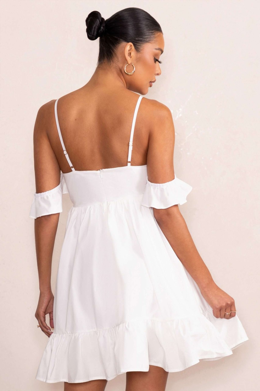 Maternity * | Kai | White Cami Babydoll Maternity Mini Dress With Ruffle Cold Shoulder Sleeves Club L London Best-Selling