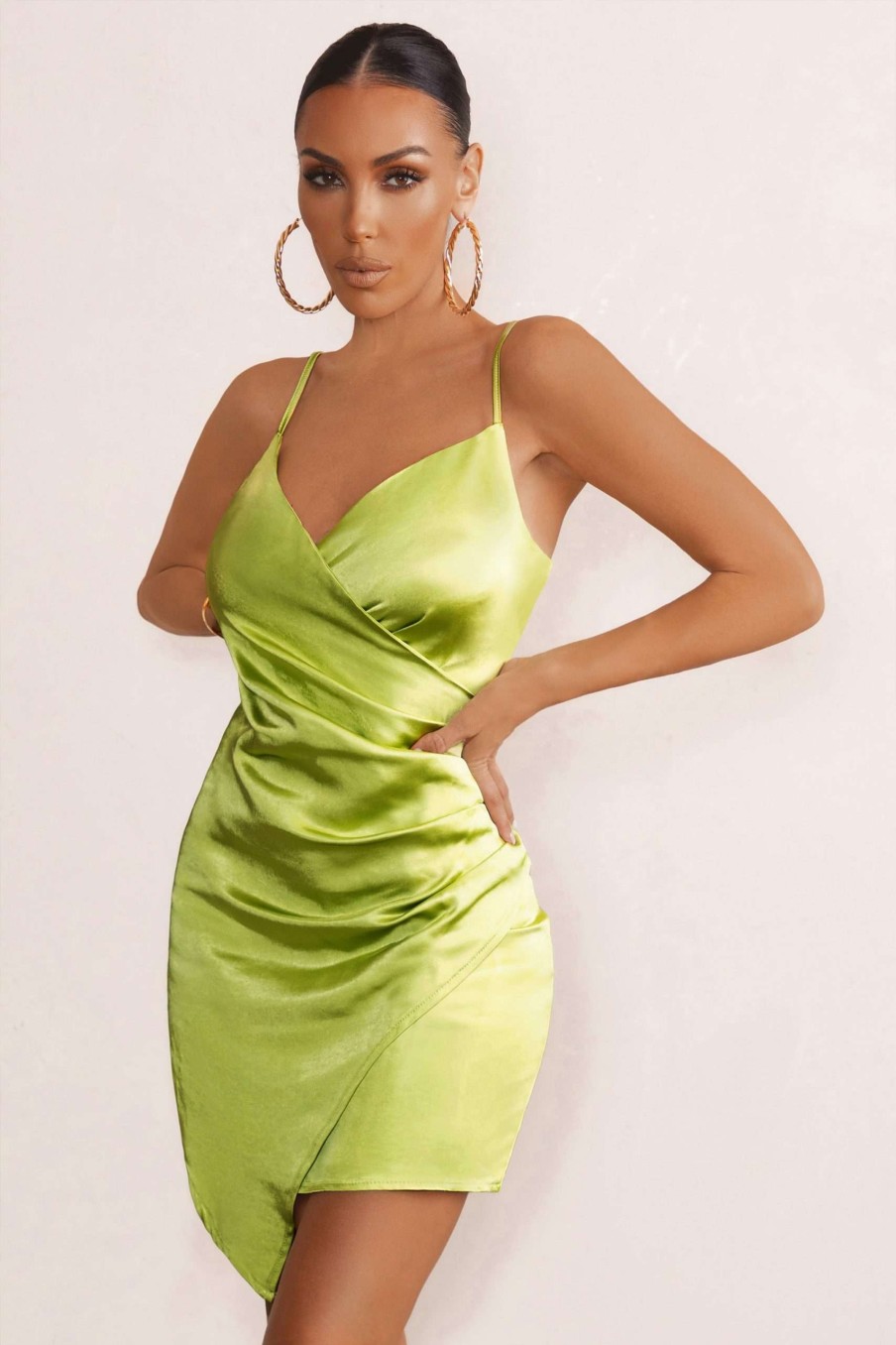 Dresses * | Tell Me | Lime Wrap Detail Satin Mini Dress Club L London Hot Sell