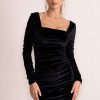 Dresses * | Muse | Black Velvet Long Sleeve Square Neck Ruched Mini Dress Club L London Latest Fashion