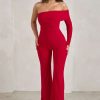 Clothing * | Margie | Red One Sleeve Bardot Jumpsuit Club L London Discount Online