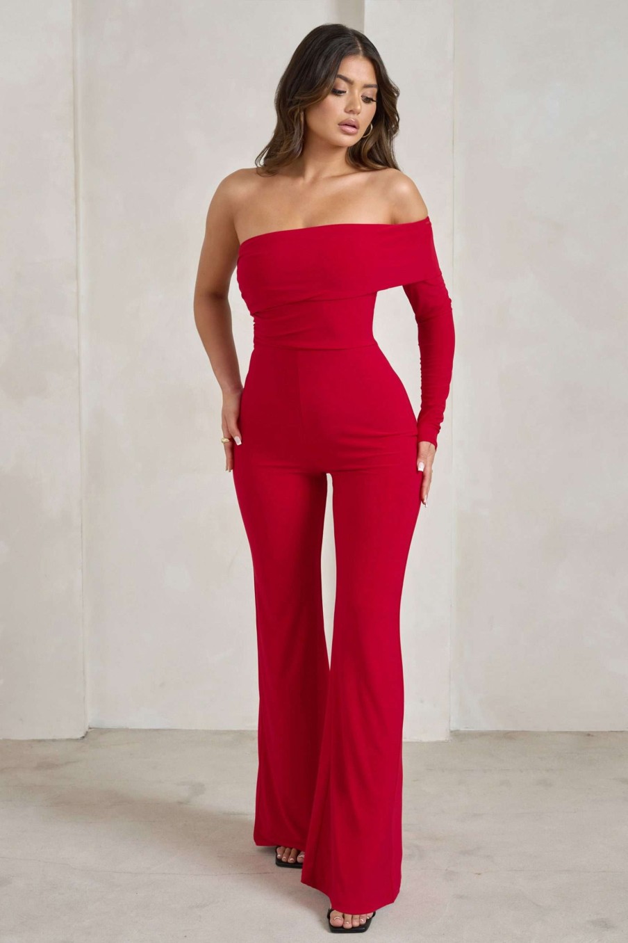 Clothing * | Margie | Red One Sleeve Bardot Jumpsuit Club L London Discount Online