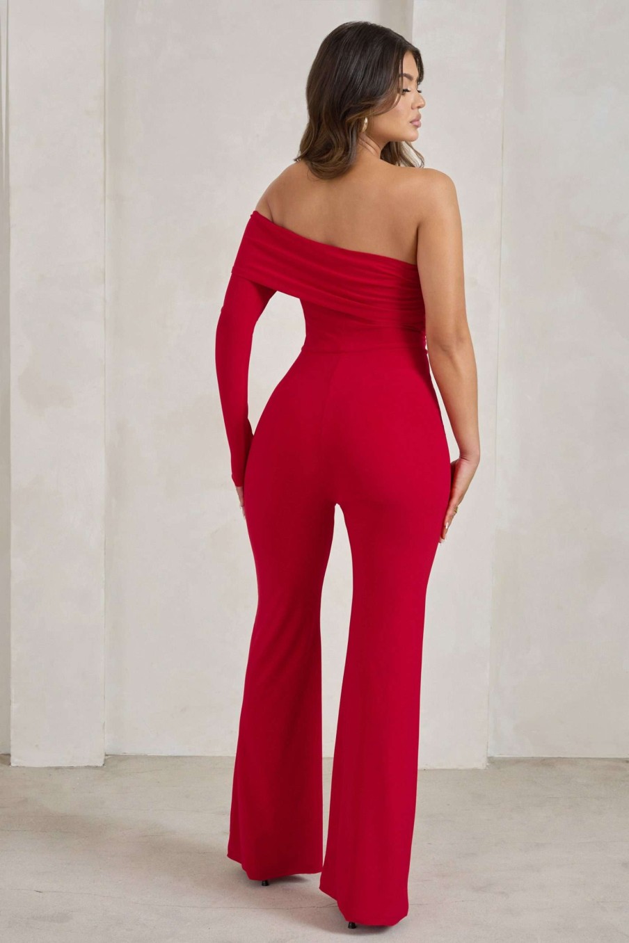 Clothing * | Margie | Red One Sleeve Bardot Jumpsuit Club L London Discount Online