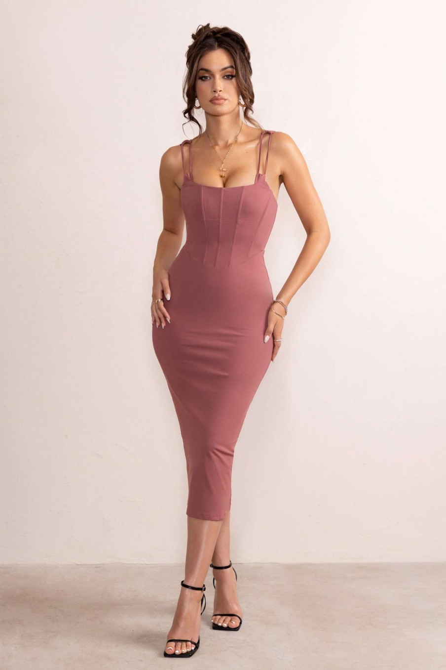 Dresses * | Charming | Terracotta Square Neck Ruched Corset Midi Dress Club L London Best Price