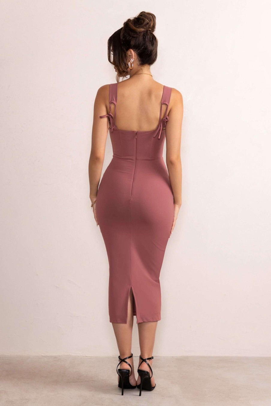 Dresses * | Charming | Terracotta Square Neck Ruched Corset Midi Dress Club L London Best Price