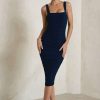 Dresses * | Lisbon | Navy Square Neck Ruched Midi Dress Club L London Special