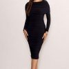 Dresses * | Lea | Black Long Sleeve Ruched Midi Dress With Draped Bardot Overlay Club L London Discount Store