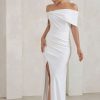 Dresses * | Eva | White Bardot Bow Detail Maxi Dress With Thigh Split Club L London Discount Sale