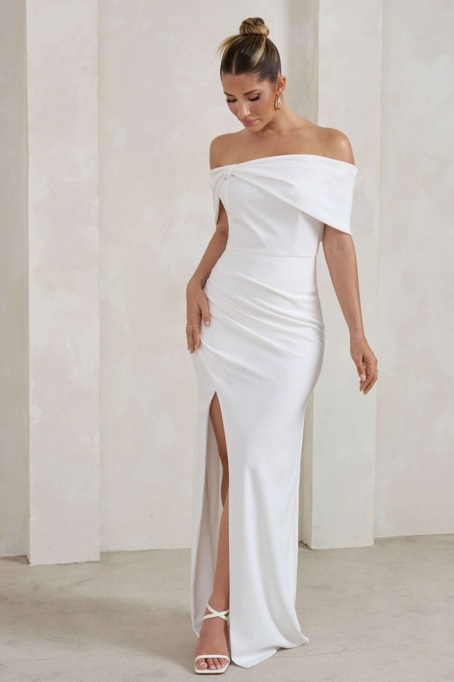 Dresses * | Eva | White Bardot Bow Detail Maxi Dress With Thigh Split Club L London Discount Sale