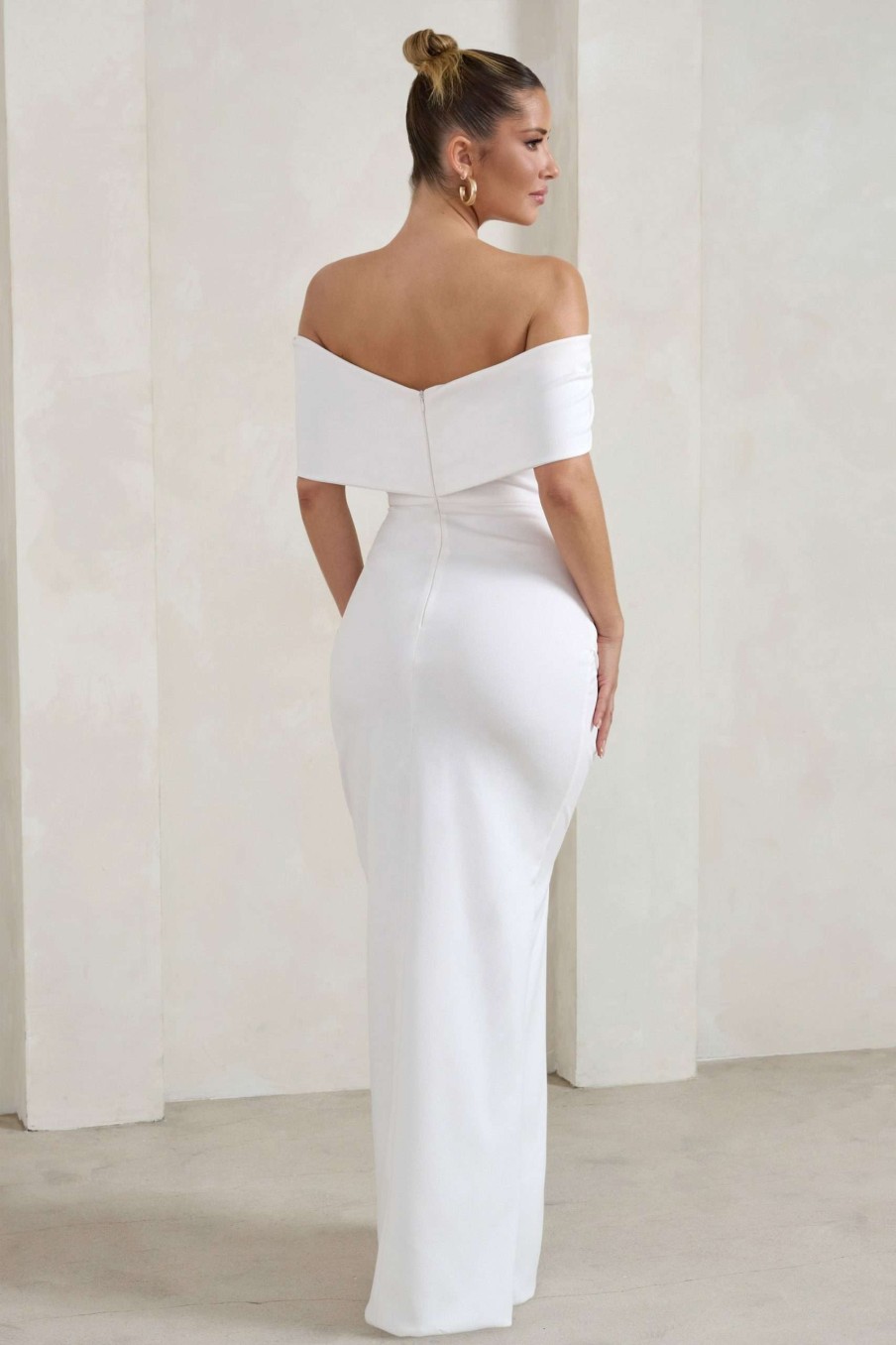 Dresses * | Eva | White Bardot Bow Detail Maxi Dress With Thigh Split Club L London Discount Sale