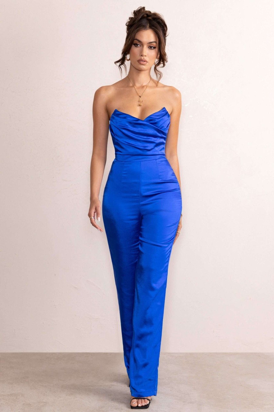 Clothing * | Amiah | Cobalt Blue Satin Strapless Straight Leg Jumpsuit Club L London Fire Sale