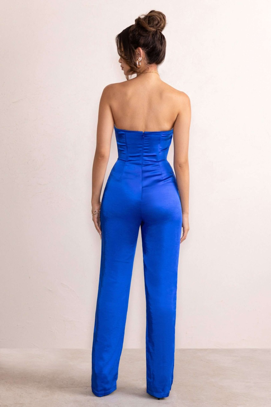 Clothing * | Amiah | Cobalt Blue Satin Strapless Straight Leg Jumpsuit Club L London Fire Sale