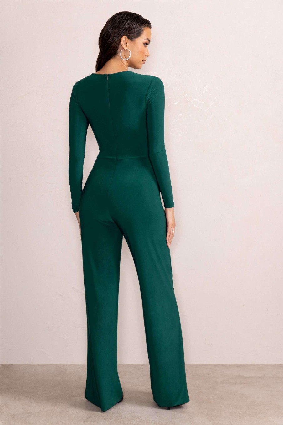 Clothing * | Ember | Bottle Green Twist Front Plunge Wide Leg Jumpsuit Club L London Discount