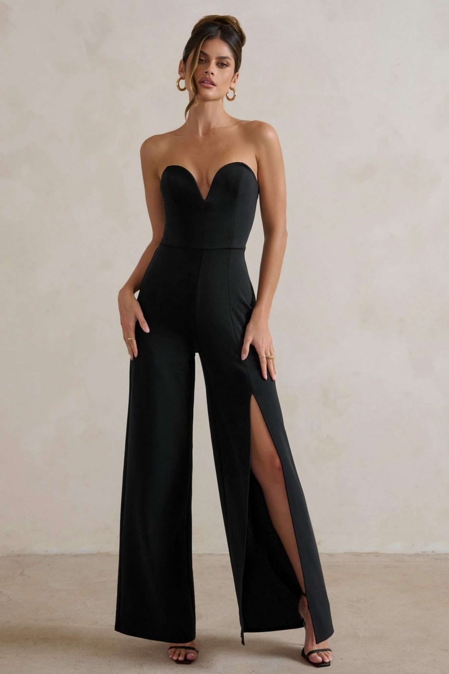 Clothing * | Tory | Black Strapless Sweetheart Wide Leg Jumpsuit With Split Club L London Good Quality