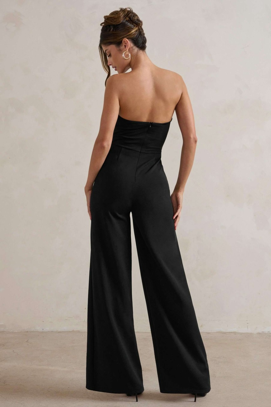 Clothing * | Tory | Black Strapless Sweetheart Wide Leg Jumpsuit With Split Club L London Good Quality