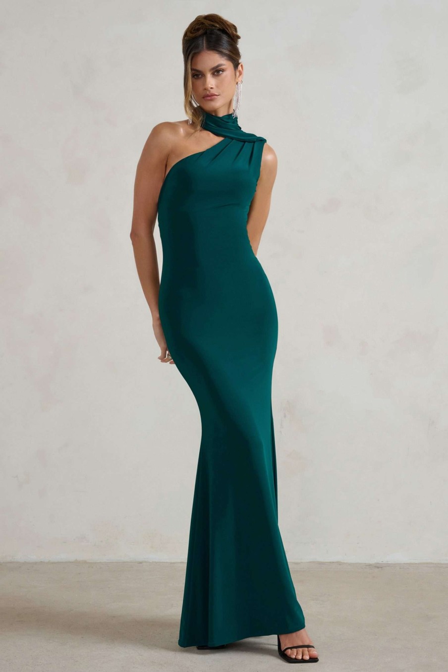 Dresses * | Capucine | Bottle Green Asymmetric Draped Maxi Dress Club L London Clearance Sale